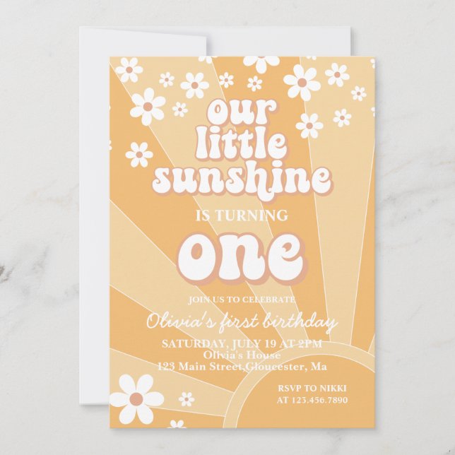 Invitation Retro Sunshine marguerite boho premier anniversair (Devant)
