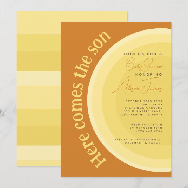 Invitation Retro Sunshine Voici le Baby shower du Fils (Devant / Derrière)