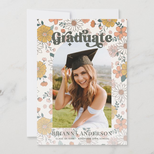 Invitation Retro Super Arc Floral Graduation Photo (Devant)