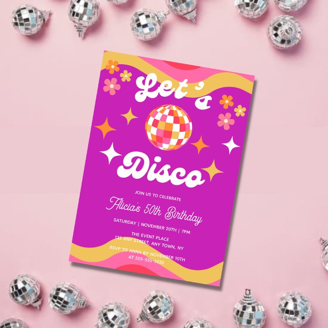 Invitation Retro Super les années 70 Let's Disco Anniversaire (Créateur téléchargé)