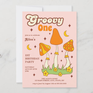 Invitation Retro Super Magie Hippie Champignon 1er anniversai