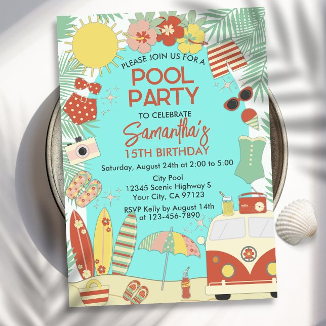 Invitation Retro Super Stylish Plage ou piscine Anniversaire (Créateur téléchargé)