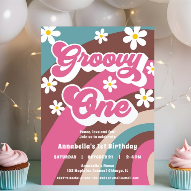 Invitation Retro Super Un 1er anniversaire rose fille turquoi (Créateur téléchargé)