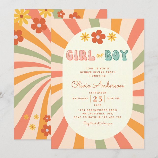 Invitation Retro Super Wavy Stripes Sexe Revela Party (Devant / Derrière)