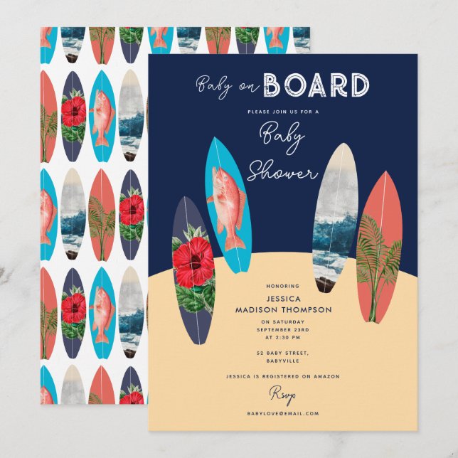 Invitation Retro Surfboards Baby sur le Baby shower de bord (Devant / Derrière)