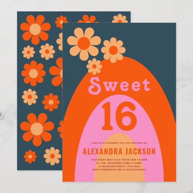 Invitation Retro Sweet 16 fête d'anniversaire (Devant / Derrière)
