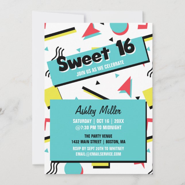Invitation Rétro sweet sixteen orienté du motif 90s (Devant)
