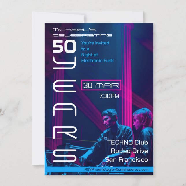 Invitation Retro Techno Music 50e fête d'anniversaire (Devant)