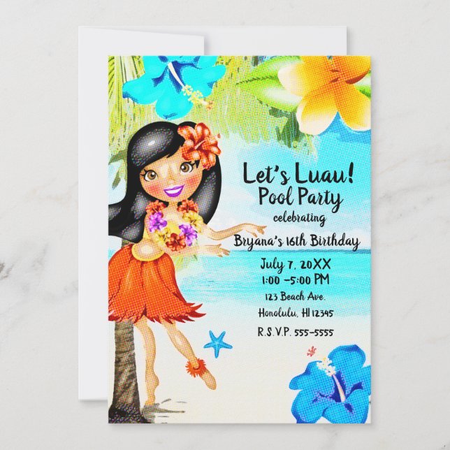 Invitation Retro Tropical Hula Girl Luau Beach Party Annivers (Devant)