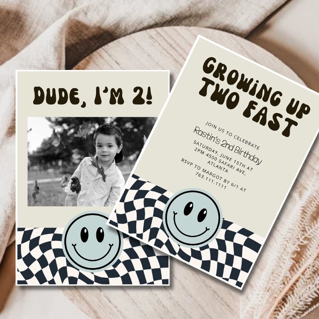 Invitation Retro Two Fast Boy 2e fête d'anniversaire à damier (Créateur téléchargé)