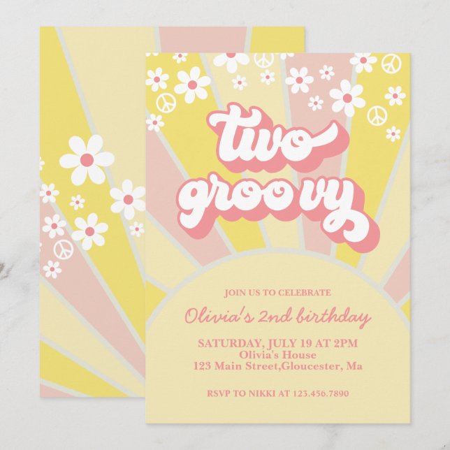 Invitation Retro Two Groovy Sunshine marguerite bohème floral (Devant / Derrière)