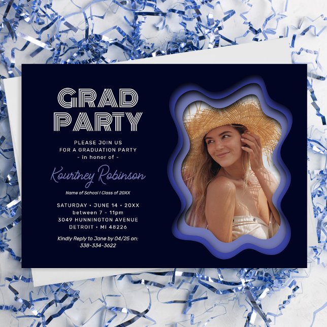 Invitation Retro Vague Bleu violet fête de graduation photo (Créateur téléchargé)