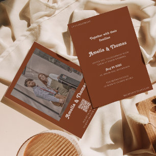 Invitation Retro Vibes Terracotta Photo QR Code Mariage