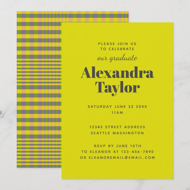 Invitation Retro Vibrant Jaune Plaid tendance fête de graduat (Devant / Derrière)