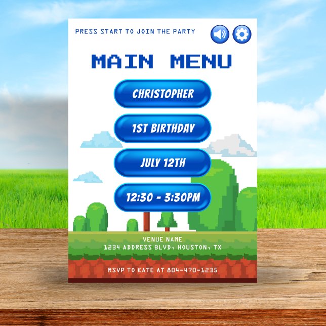 Invitation Retro Video Game Menu 1ère fête d'anniversaire (Créateur téléchargé)