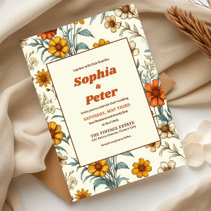 Invitation Retro Vintage Floral les années 70 Mariage élégant