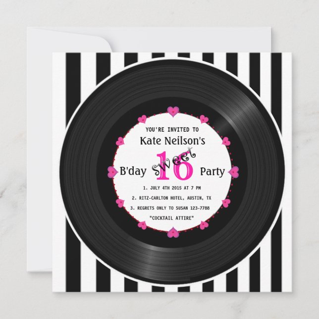 Invitation Rétro Vinyl Record l Modern Sweet 16 B'day (Devant)