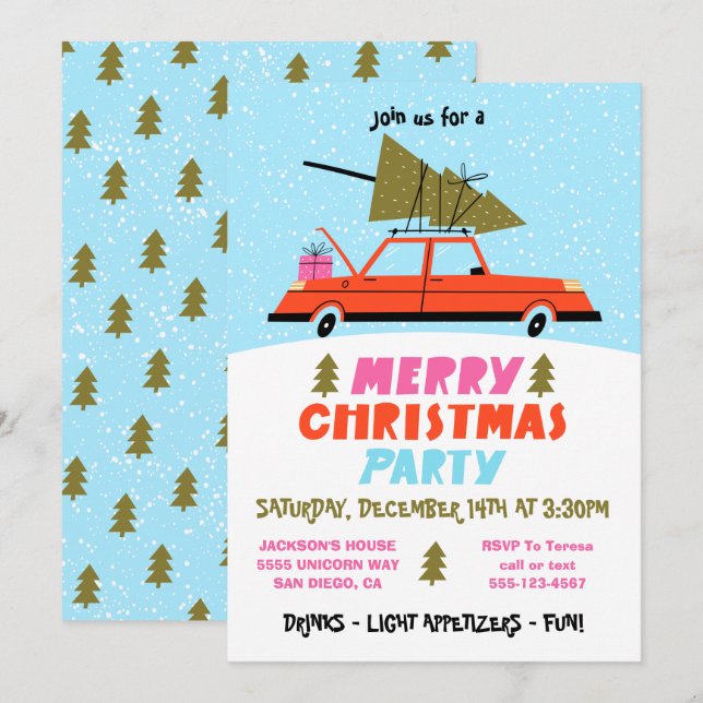 Invitation Retro Voiture et fête de Noël Arbre (Devant / Derrière)