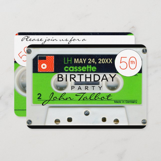 Invitation Retro W Cassette bande 50e anniversaire fêté Inv. (Devant / Derrière)