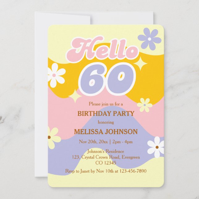 Invitation Retro Wave Groovy Flower Hello 60th Birthday  (Devant)