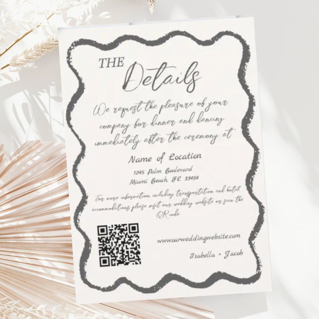 Invitation Retro Wavy Black White Détails du Mariage manuscri (Créateur téléchargé)