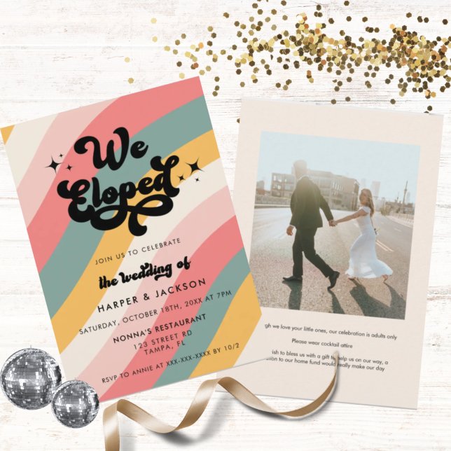 Invitation Retro We Eloped Photo Mariage coloré (Créateur téléchargé)