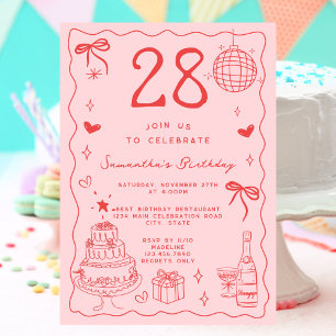 Invitation Retro Whimsical Quirky Red Pink 28e anniversaire