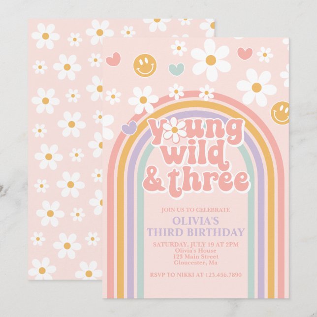 Invitation Retro Young Wild et Trois Arc-en-ciel 3e anniversa (Devant / Derrière)