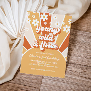 Invitation Retro Young Wild Three Burnt Orange Sunshine daisy