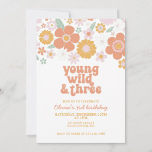 Invitation Retro Young Wild Three Floral 3e anniversaire