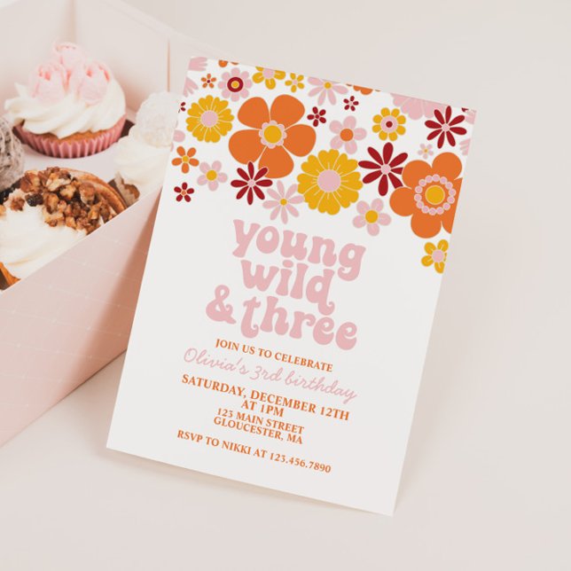Invitation Retro Young Wild Three Floral 3e anniversaire (Créateur téléchargé)