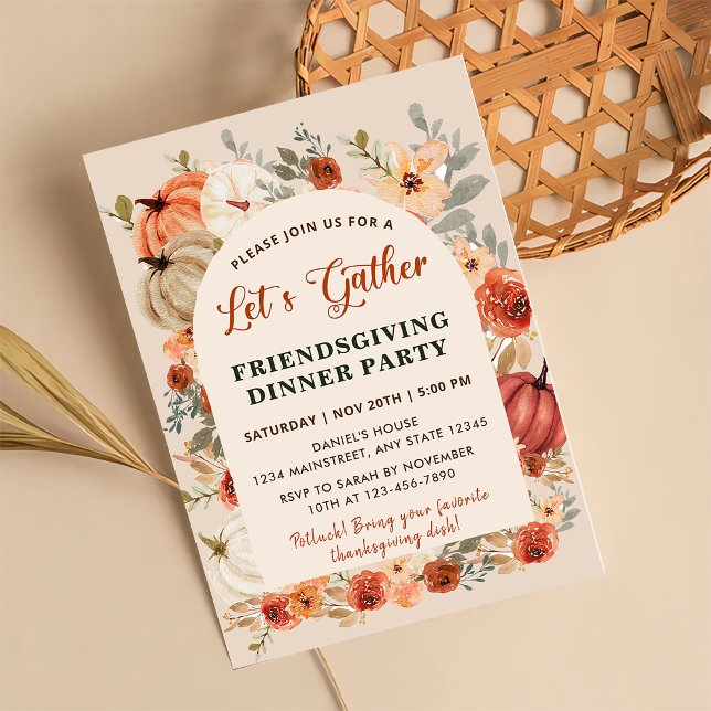 Invitation Réunion de dîner Floral Pumpkin Friendsgiving (Créateur téléchargé)
