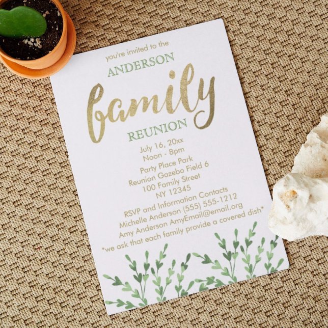 Invitation Réunion de famille Gold et Green Leaf (Créateur téléchargé)