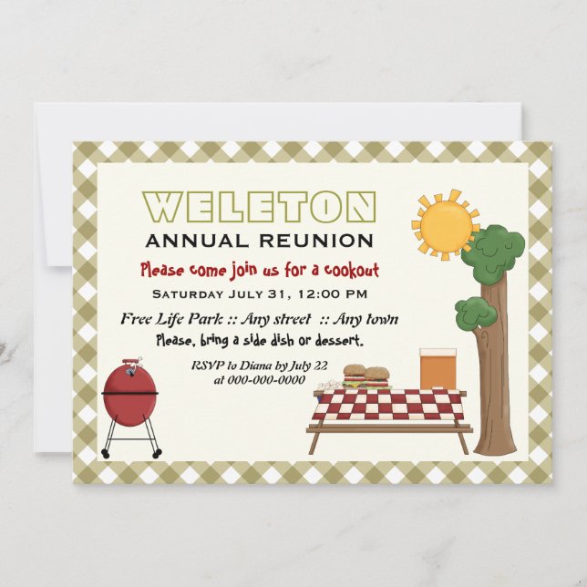 Invitation Réunion de la famille BBQ, bordure verte en vichy  (Devant)