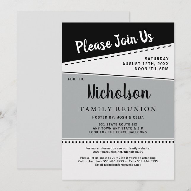 Invitation Réunion de la famille Gray noir géométrique (Devant / Derrière)