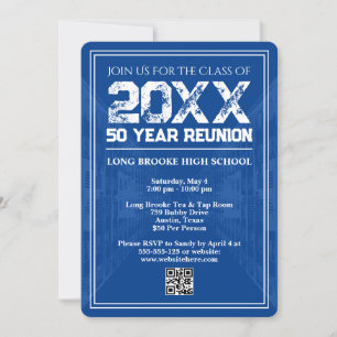 Invitation Réunion de lycée rétro bleu varsity QR 50 ans