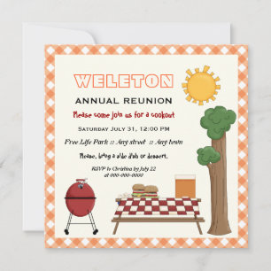 Invitation Réunion familiale barbecue, orange en vichy bordur