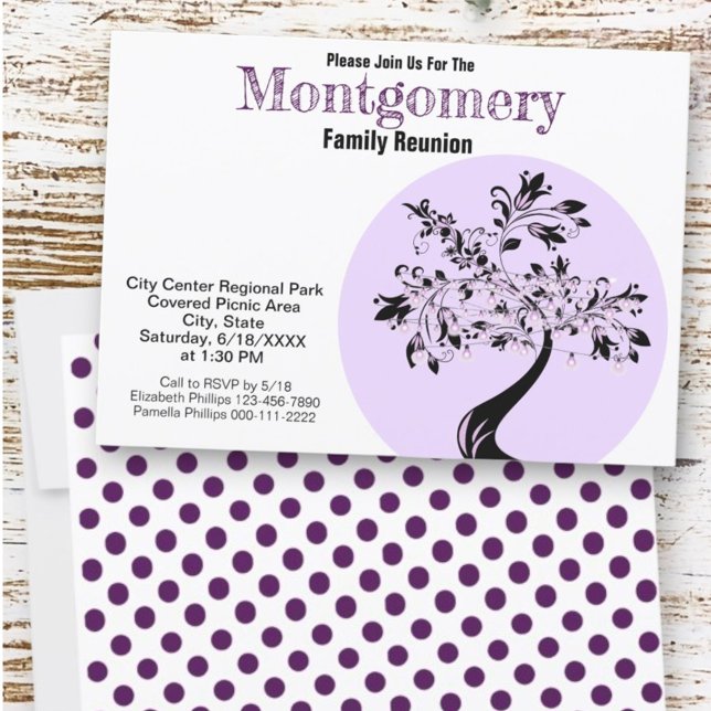 Invitation Réunion familiale moderne violet et arbre noir (invitation front and back)