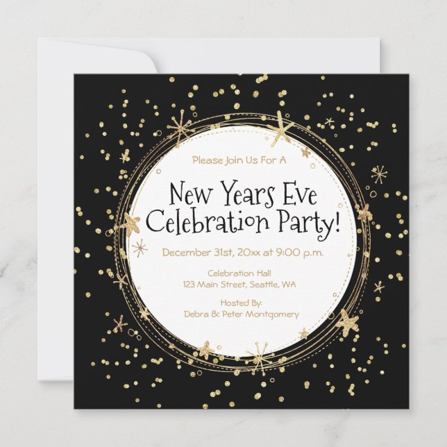 Invitation Réveillon du Nouvel An, Étoiles, Or noir, Fête (Devant)
