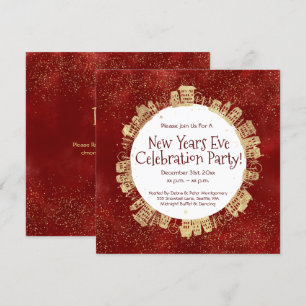 Invitation Réveillon du Nouvel An, Fête, Rouge, Or,