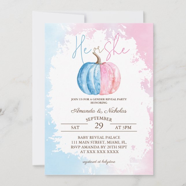 Invitation Révélation citrouille minimale de genre bleu rose (Devant)
