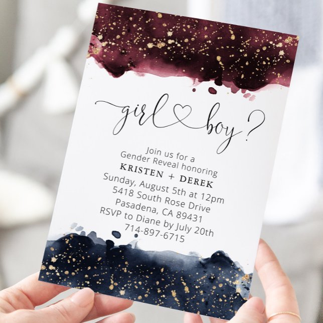 Invitation Révélation de genre Burgundy et Navy Blue Watercol (Créateur téléchargé)