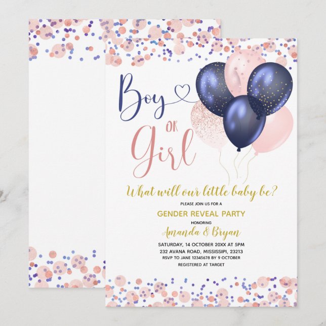 Invitation Révélation de genre des ballons bleu et rose vif d (Devant / Derrière)