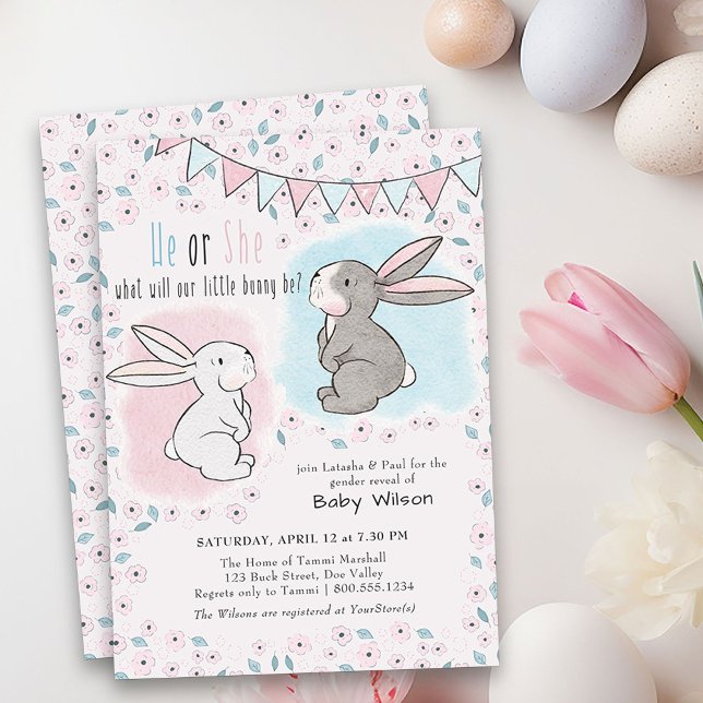 Invitation Révélation de genre Lui ou Elle Rose et Bleu Petit (He or She Gender Reveal Invitation with little bunnies - pink or blue and perfect for easter)