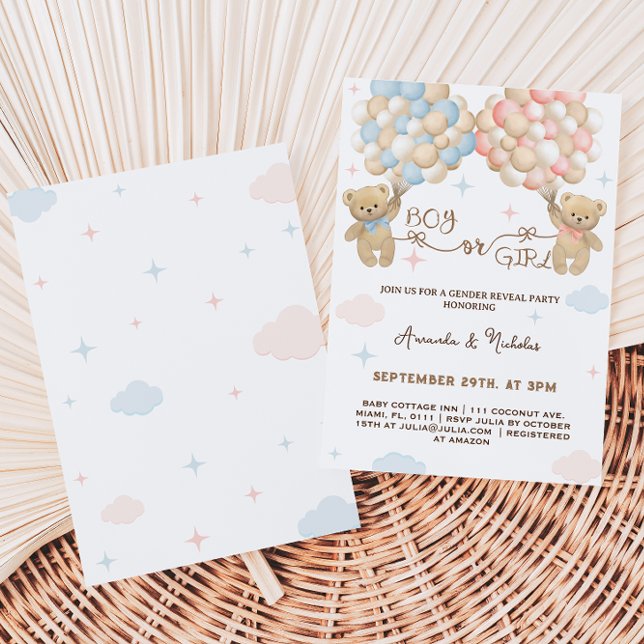 Invitation Révélation de genre Ours Pastel Rose et Bleu Garço (Créateur téléchargé)