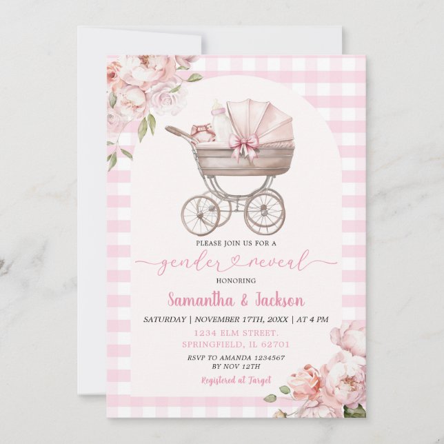 Invitation Révélation de genre Pink En vichy Floral Baby Carr (Devant)