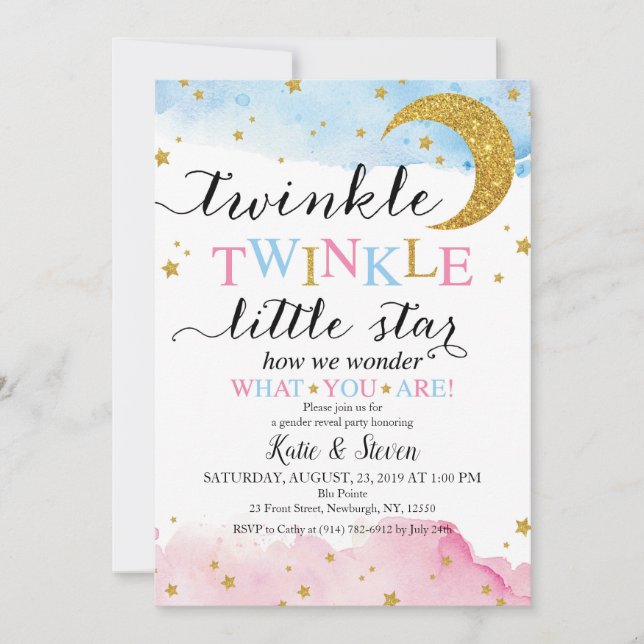 Invitation Révélation de genre Twinkle Twinkle (bleu et rose) (Devant)
