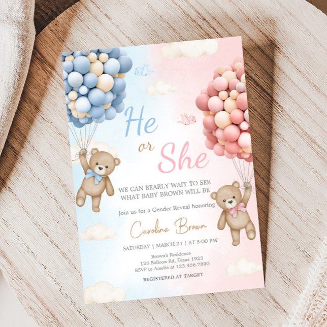 Invitation Révélation du sexe de l'ours à ballon à peine atte (Bear Balloon He or She Gender Reveal Invitation)