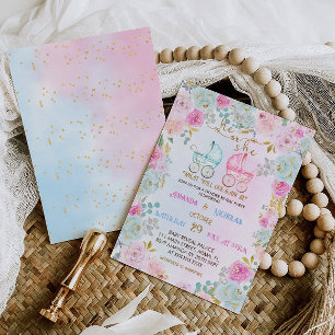 Invitation Révélation du sexe Rose Bleu Poussettes Baby Showe