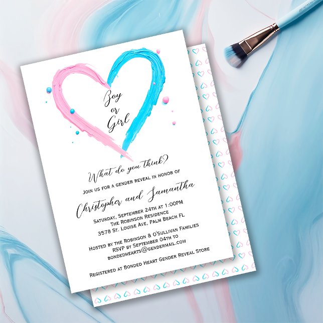 Invitation Révéler le genre Baby shower de coeur rose bleu (Créateur téléchargé)